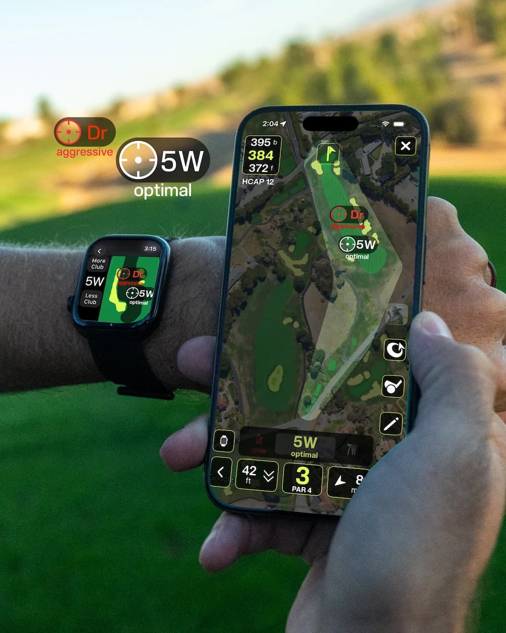 The Tangent Golf app on an iPhone and Apple Watch, on the course